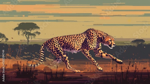 A swift cheetah racing through a pixelated landscape, chasing victory in an exhilarating racing game.