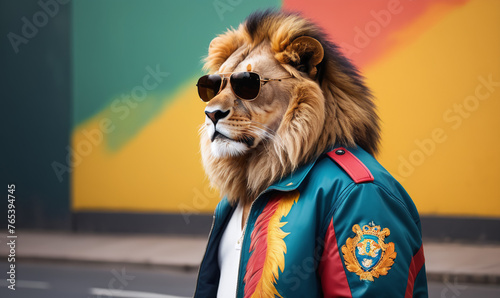 artistic vibrant portrait of a lion using jacket and wearing sunglasses © rodrigo
