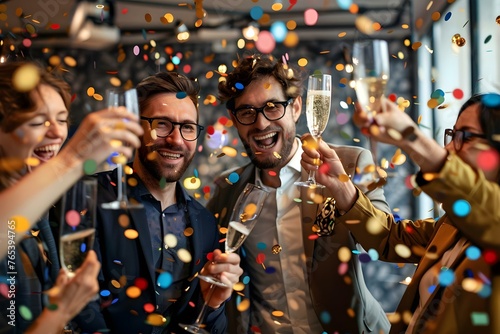 Business professionals celebrating at an office party for a special occasion like a corporate anniversary or business success. Concept Office Party, Corporate Anniversary, Business Success