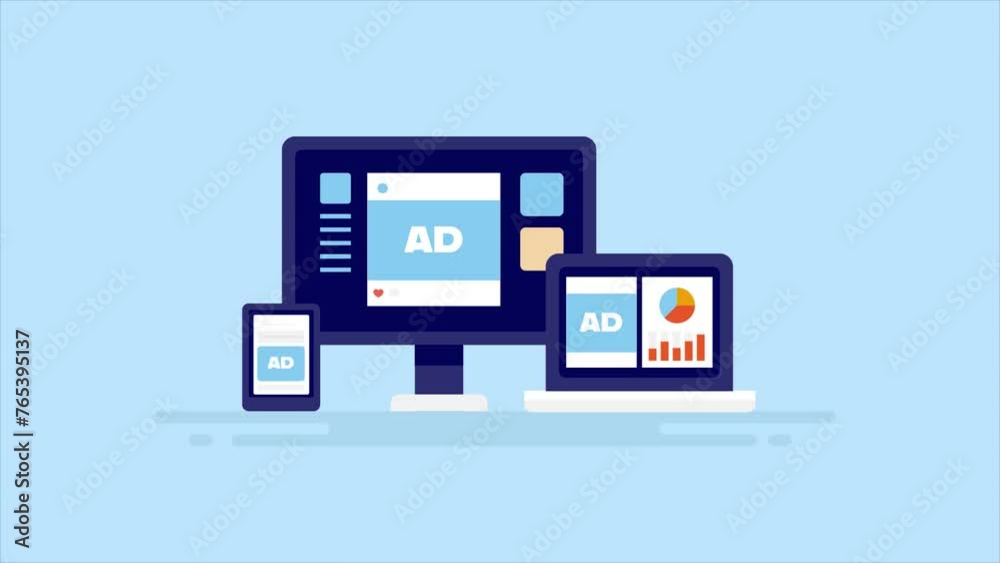 Business technology concept, social media sponsored ads appear on multiple digital device screen, increase user engagement and customer conversion data analytics, video animation. Business technology concept, social media sponsored ads appear on multiple digital device screen, increase user engagement and customer conversion data analytics, video animation.