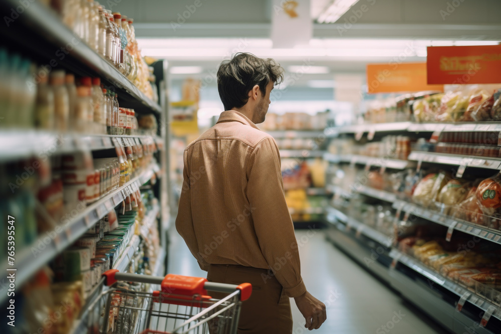 Occupation, business, lifestyle concept. Portrait of casual man working in grocery store full of various products