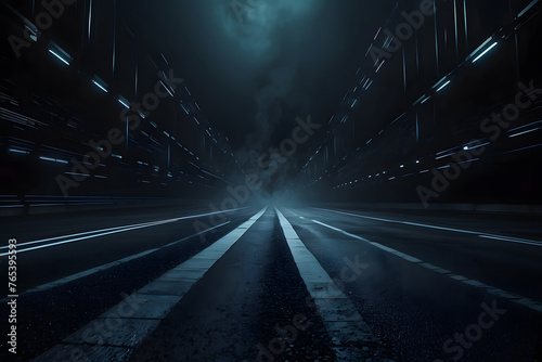 Abstract dark asphalt road background, space scene, street night vision, virtual reality, cyber futuristic sci-fi technology background with smoke © Mahmud