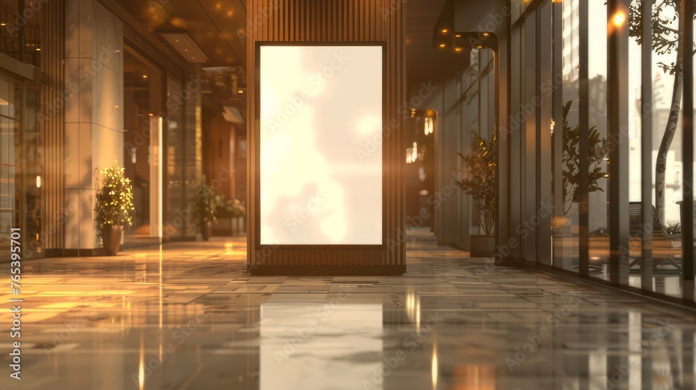 Fototapeta premium white billboard 3d graphic mockup , in the style of wood sculptor, contemporary glass, interior scenes, blurred, light brown, sony alpha a7 iii, traditional chinese