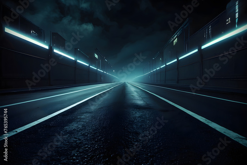 Abstract dark asphalt road background, space scene, street night vision, virtual reality, cyber futuristic sci-fi technology background with smoke © Mahmud