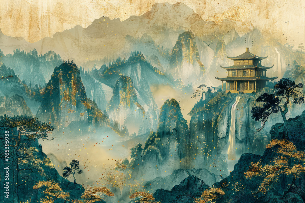 Chinese style traditional landscape painting - obrazy, fototapety, plakaty 