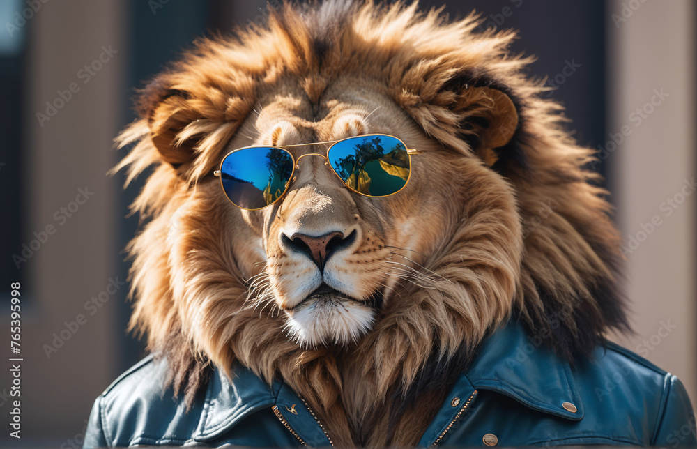 artistic vibrant portrait of a lion using jacket and wearing sunglasses