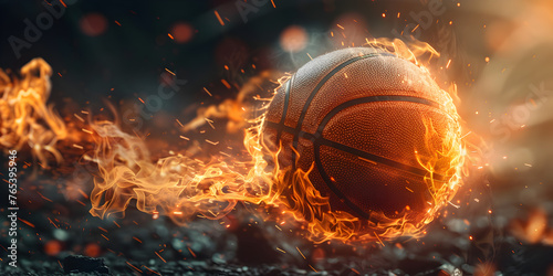 A close up of a basketball ball on fire and dark background Dramatic dunk basketball on fire, flame goes fast in to the basket ring,   © Faiza