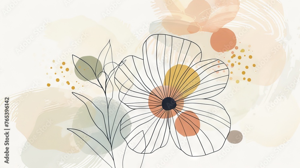 Fototapeta premium Abstract scandinavian floral design with minimalist shapes. Contemporary minimalist art of a flower with abstract, overlapping organic shapes in a soft, pastel color palette