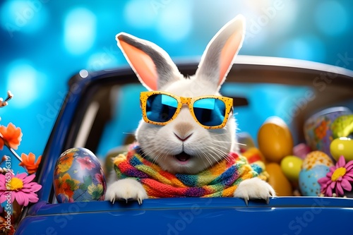 Easter Egg Bunny Smiling Rabbit in Car with Colored Glasses Handing Out of Car