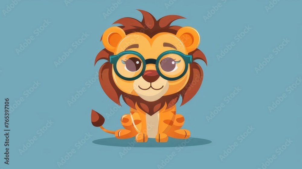 Illustration in flat style, A cute little lion wearing glasses posed against a studio background