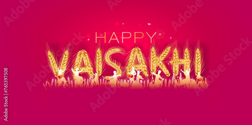 Vector illustration of wheat field background and Punjabi sikh Baisakhi dance. Happy Vaisakhi festival.