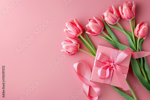 Title: Mother's Day concept. Top view photo of stylish pink giftbox with ribbon bow generative ai