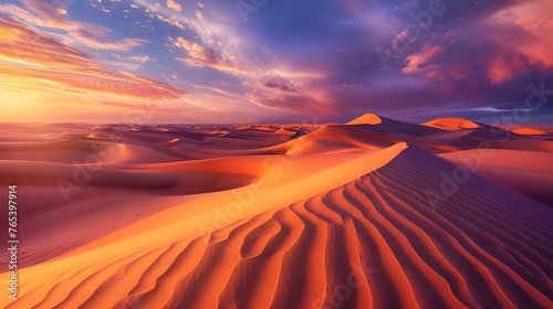  majestic beauty and incredible silence of the desert expanses capture the eye  golden sand dunes illuminated by the last rays of sunset  as if the personification of tranquility and eternity.