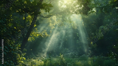 dense greenery of the forests  illuminated by the rays of the sun  gives the surrounding atmosphere peace and tranquility