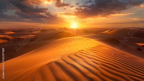 desert expanses attract with their extraordinary beauty and silence: golden dunes illuminated by the soft light of the sunset create a unique atmosphere of peace and harmony.