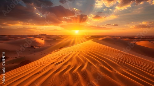 The desert expanses are filled with extraordinary beauty and silence  golden dunes  illuminated by the rays of sunset  create a magical atmosphere of tranquility and inspiration.