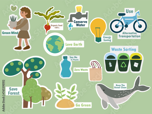 Ecology stickers Set, Vector ilustration, Enviroment protection, Eco-friendly package, growth time, Editable