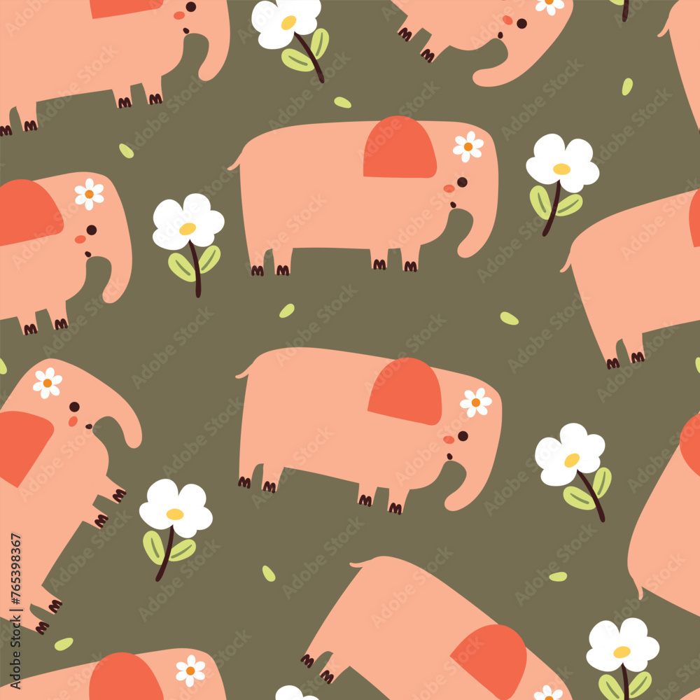 seamless pattern cartoon elephant with flower. cute animal wallpaper for textile, gift wrap paper