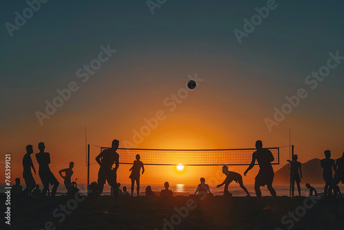 Silhouette of people playing beach volleyball at sunset