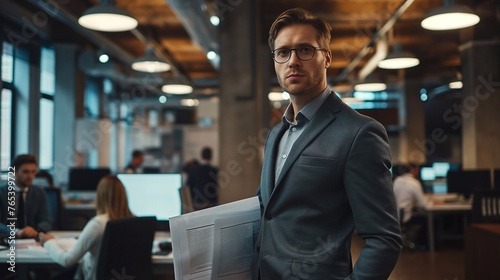 Reaching heights: a businessman and his path to financial success. Stylish handsome man with documents in the office shows his professional skills