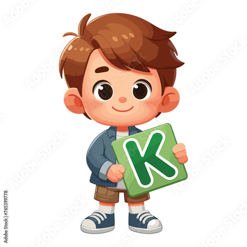 cartoon cute happy Little boy holding alphabet letter K