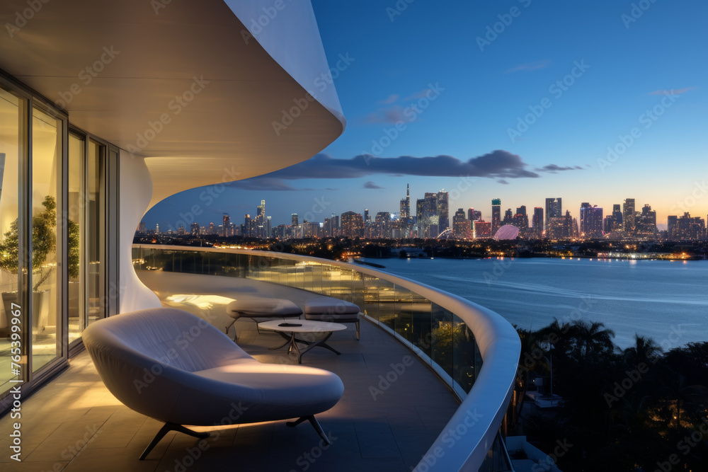 Fototapeta premium Twilight elegance, a balcony overlooks a dazzling city skyline. Generative AI.