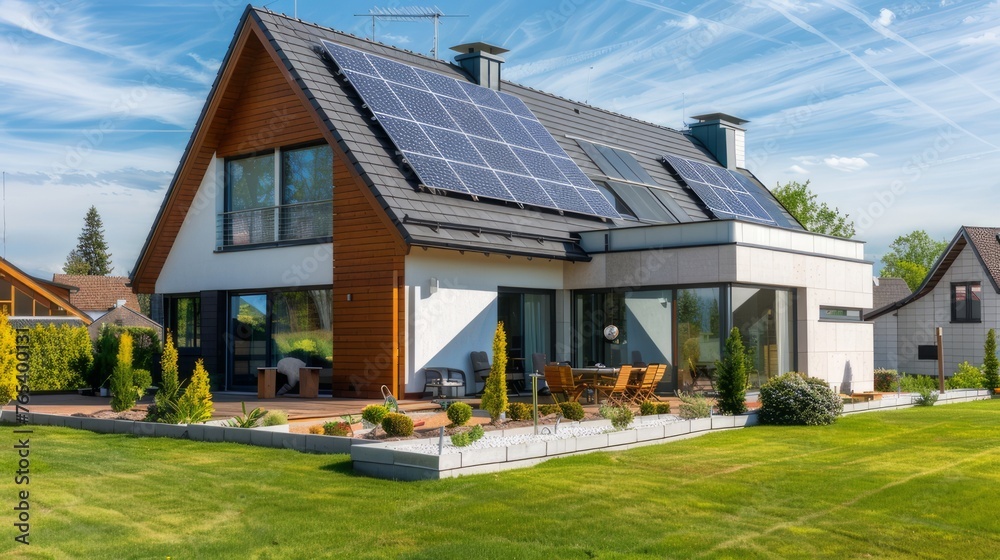 This modern passive house is complemented by a landscaped yard, with solar panels adorning the gable roof to maximize energy efficiency This modern passive house is complemented by a landscaped yard, with solar panels adorning the gable roof to maximize energy efficiency