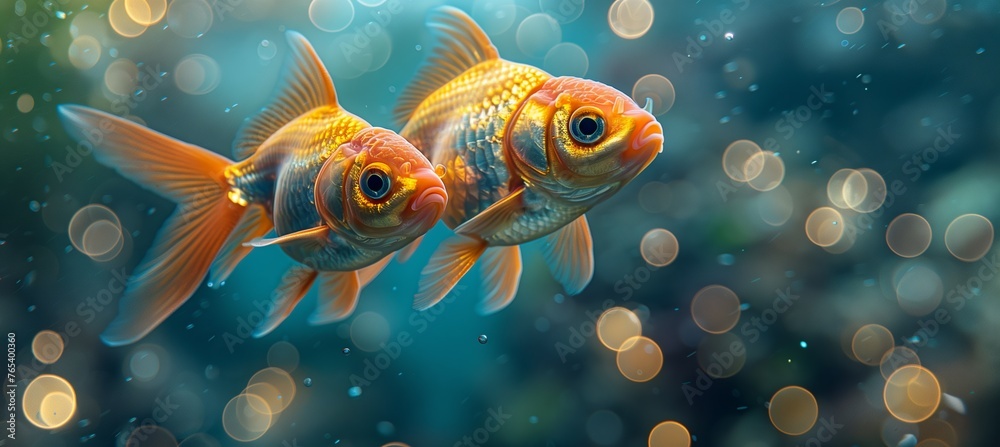 Two fish swim together in the water, showcasing their electric blue fins Two fish swim together in the water, showcasing their electric blue fins