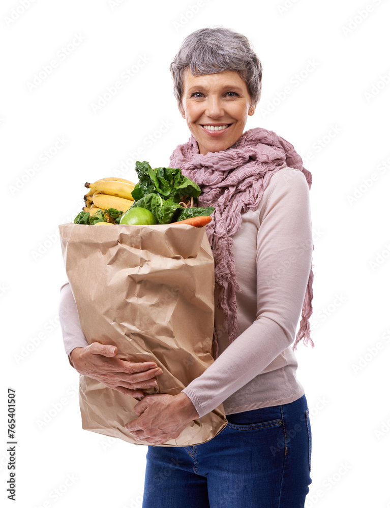 Woman, paper bag and portrait with vegetables for shopping, groceries and consumer for nutrition and fruits in studio. Mature lady, happy and hold produce for health and food on white backdrop Woman, paper bag and portrait with vegetables for shopping, groceries and consumer for nutrition and fruits in studio. Mature lady, happy and hold produce for health and food on white backdrop