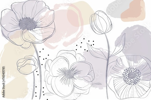 Abstract scandinavian floral design with minimalist shapes. Contemporary minimalist art of a single flower with abstract, overlapping organic shapes in a soft, pastel color palette
