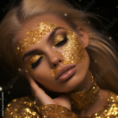 Girl face premium with gold, portrait of beautiful woman model with fresh daily makeup with gold and romantic wavy hairstyle. Fashion shiny highlighter on skin, sexy gloss lips make-up.