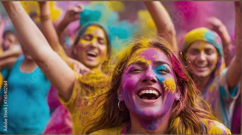 Capture the joyous atmosphere of a Holi party with a close-up shot of a vibrant and happy crowd, their faces smeared with bright colors, laughter echoing, and eyes sparkling with pure delight.