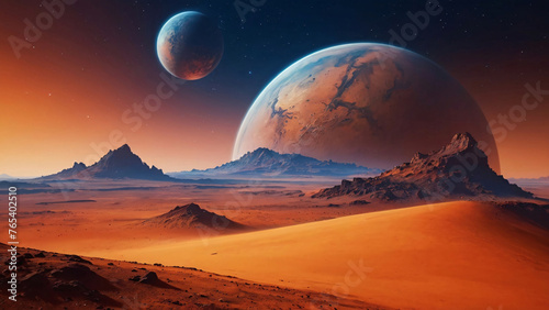 landscape of mars with beautiful planets in the space