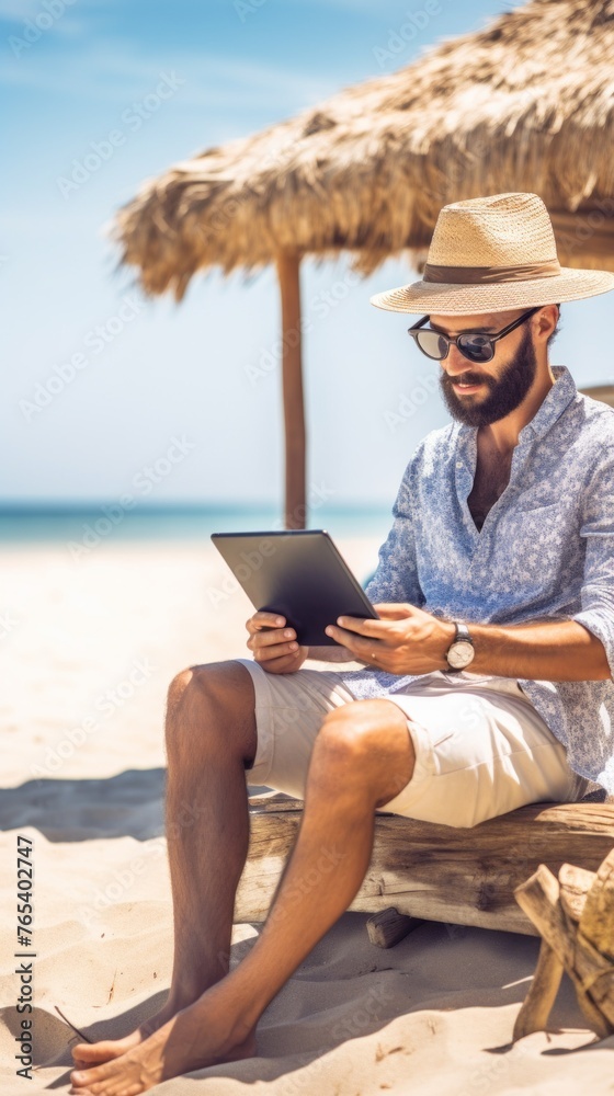 A rich Man with a beard, a businessman in a straw hat, shirt, sunglasses, sitting on white sand and using a tablet on a Summer Sea beach.