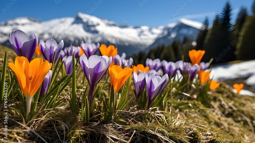 Colorful Bright Spring Crocus Flower Background

