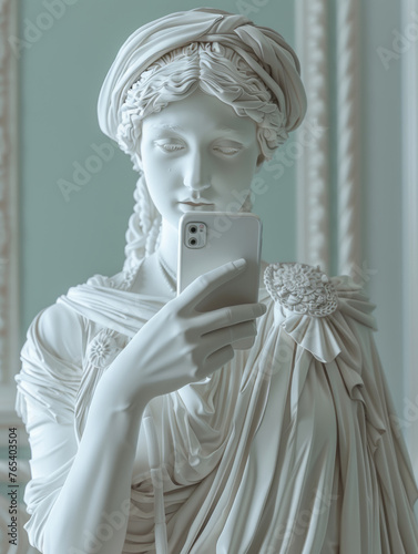 A classical statue capturing the modern twist of taking a selfie. Generative AI.
