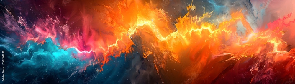 This abstract image portrays a striking thermal interplay between warm and cool tones, suggesting both fiery heat and icy coolness. - obrazy, fototapety, plakaty 