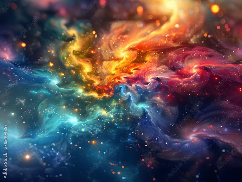 An abstract depiction of a cosmic scene where swirls of vibrant colors and particles intertwine, resembling a celestial dance in a nebulous space. An abstract depiction of a cosmic scene where swirls of vibrant colors and particles intertwine, resembling a celestial dance in a nebulous space.