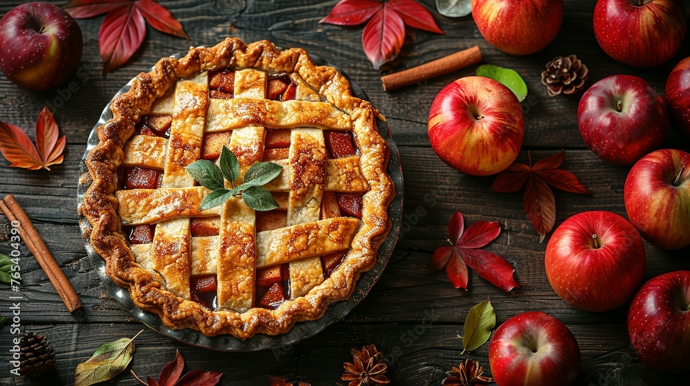 Thanksgiving background. Top view rustic wood table decor from apple and pumpkin pie, cinnamon, leaves. Autumn and fall background. Holiday food. Thanksgiving day or Halloween concept Thanksgiving background. Top view rustic wood table decor from apple and pumpkin pie, cinnamon, leaves. Autumn and fall background. Holiday food. Thanksgiving day or Halloween concept