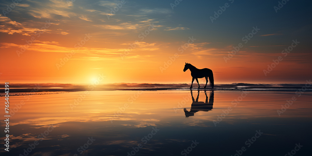 Naklejka premium sunset on the beach, Black silhouette of a horse walking on water against a sunset background, dawn silhouette of a horse, Generative AI