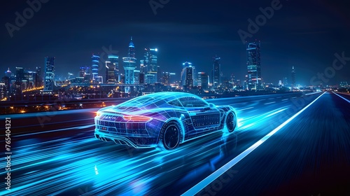 Advanced technology with high-speed urban life, a concept car with a holographic outline races down a city highway at night.