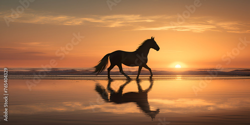 horse on sunset  Horse walking on the beautiful beach sunrise  Generative AI