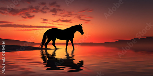 horse at sunset, Horse on the beach at sunset with reflection, Horse walking on the beautiful beach sunrise, Generative AI