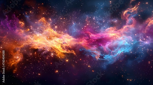 A digital creation depicting a vast cosmic dust cloud  swirling in spectacular hues of pink  blue  and orange  scattered with twinkling starlight.