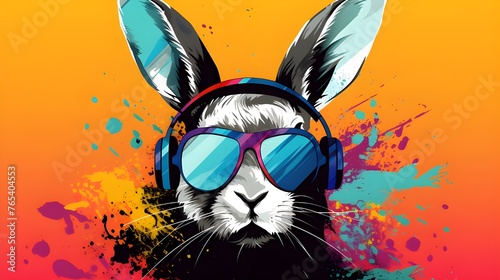 A poster of a rabbit wearing a colorful shirt and sunglasses.
