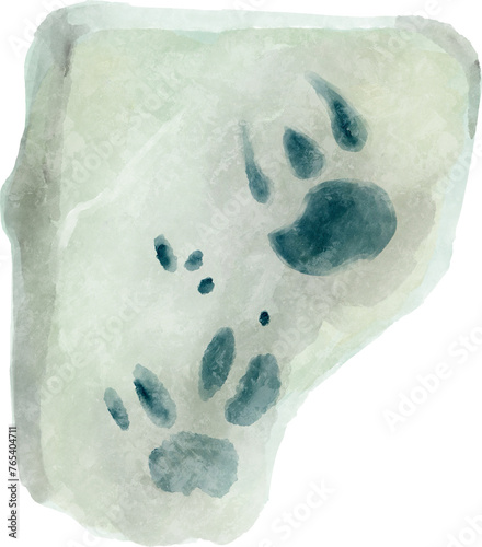 Fossil of dinosaur footprint in rock . Watercolor painting style .