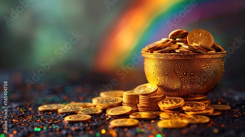 Pot and gold coins with rainbows and treasures lots of gold coins