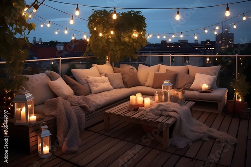  Generative AI, Cozy balcony in the evenind with lantern, garland and candles. Soft sofas and chairs for relax. bohemian ideas Pro Photo
 photo