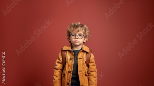 Cute little boy wearing a brown leather jacket and glasses, dressed in trendy clothes. on a red background