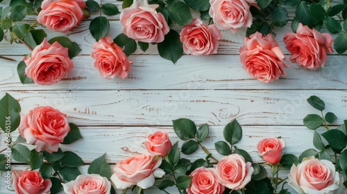 Pink Roses on White Wooden Background